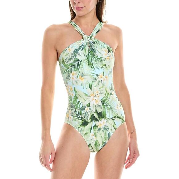 Tommy Bahama Paradise Fronds Green Floral High Neck One Piece Swimsuit Size 6 - Picture 1 of 11